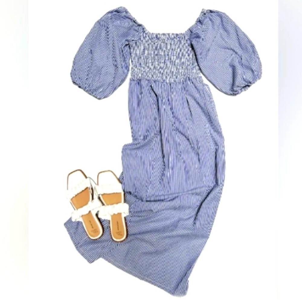 Free Assembly NWT Stripe Smocked Puff Sleeve MIDI Dress M